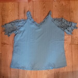 Elegant Lace Sleeve Blue Top